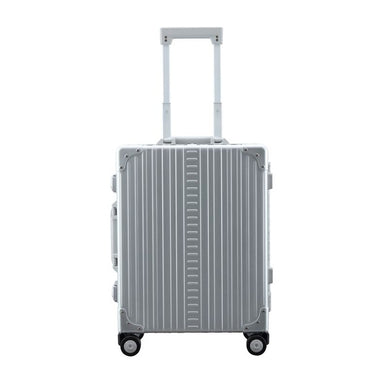 Aleon 21 inch camera carry-on luggage with wheels and a divider set displayed closed in Silver.