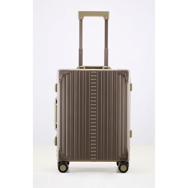 Aleon 21 inch international carry-on aluminum hardside luggage with wheels and a telescoping handle extended, in brown.