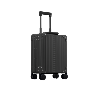 Aleon 16 inch vertical carry on briefcase that fits under your seat with wheels and telescoping handle side view, in black.