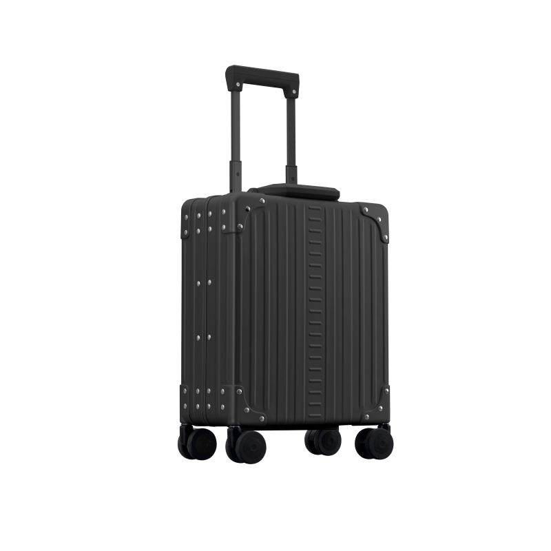 Aleon 16 inch vertical carry on briefcase that fits under your seat with wheels and telescoping handle side view, in black.