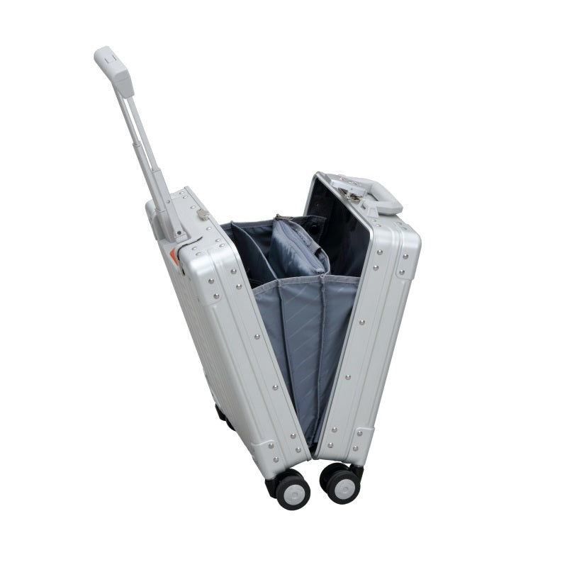 Aleon 16 inch vertical carry on briefcase that fits under your seat with wheels and telescoping handle open view showing interior, in silver.