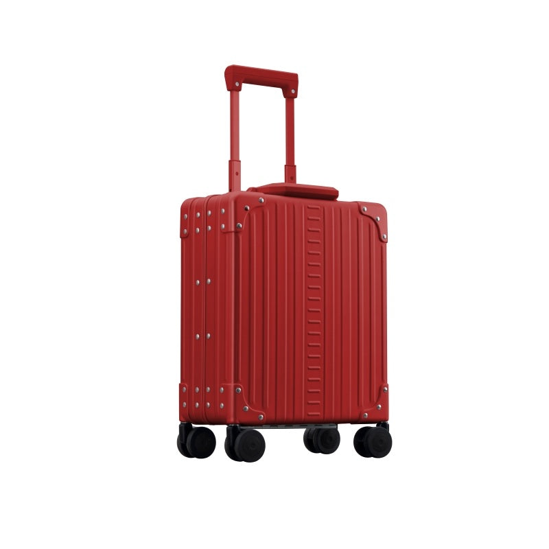 Aleon 16 inch vertical carry on briefcase that fits under your seat with wheels and telescoping handle side view, in red.