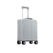 Aleon 16 inch vertical carry on briefcase that fits under your seat with wheels and telescoping handle side view, in silver.