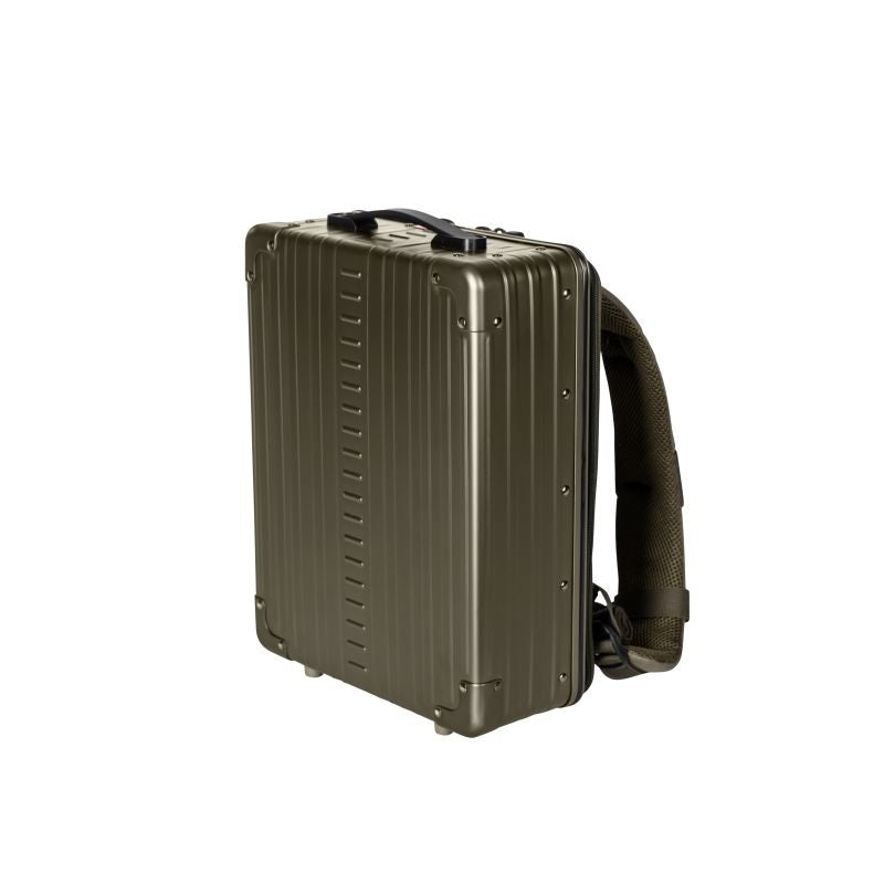 Aleon 16 inch aluminum backpack with straps side view in brown.