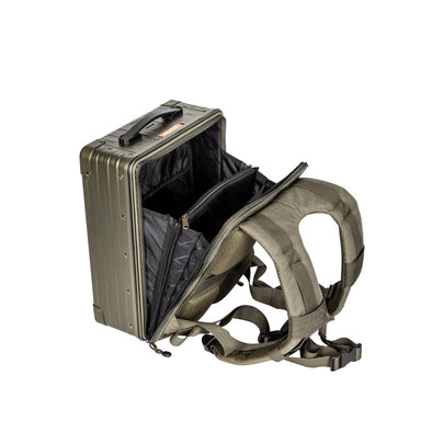 Aleon 16 inch aluminum backpack with straps, strap view open, in brown.