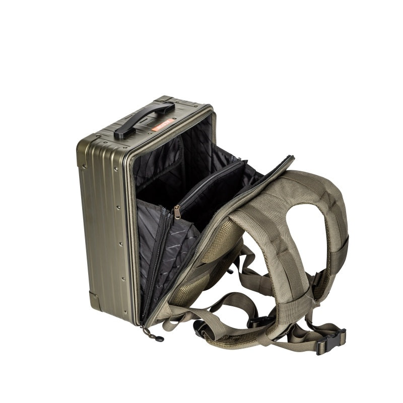 Aleon 16 inch aluminum backpack with straps, strap view open, in brown.