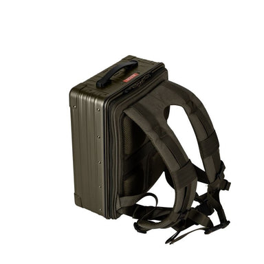 Aleon 16 inch aluminum backpack with straps, strap view in brown.